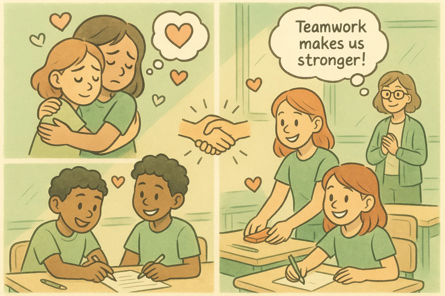 Cartoon students building emotional and social habits with kindness and teamwork. Cartoon students building emotional and social habits with kindness and teamwork.
