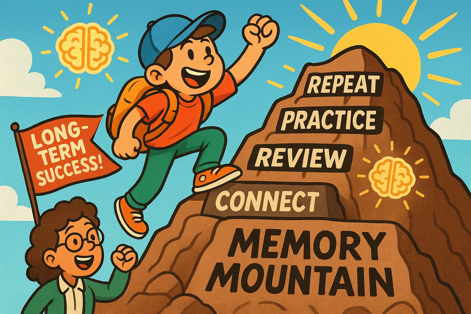Child builds long term memory skills through practice and repetition in cartoon style. Child builds long term memory skills through practice and repetition in cartoon style.