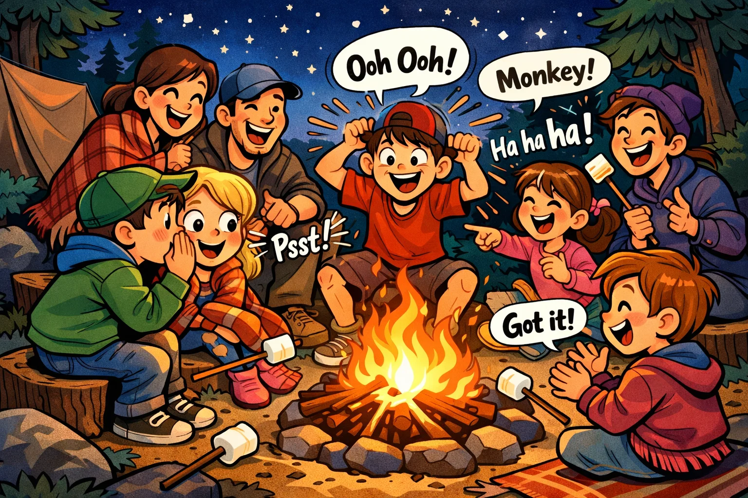 Campfire games kids families circle playing fun group activities near fire.
