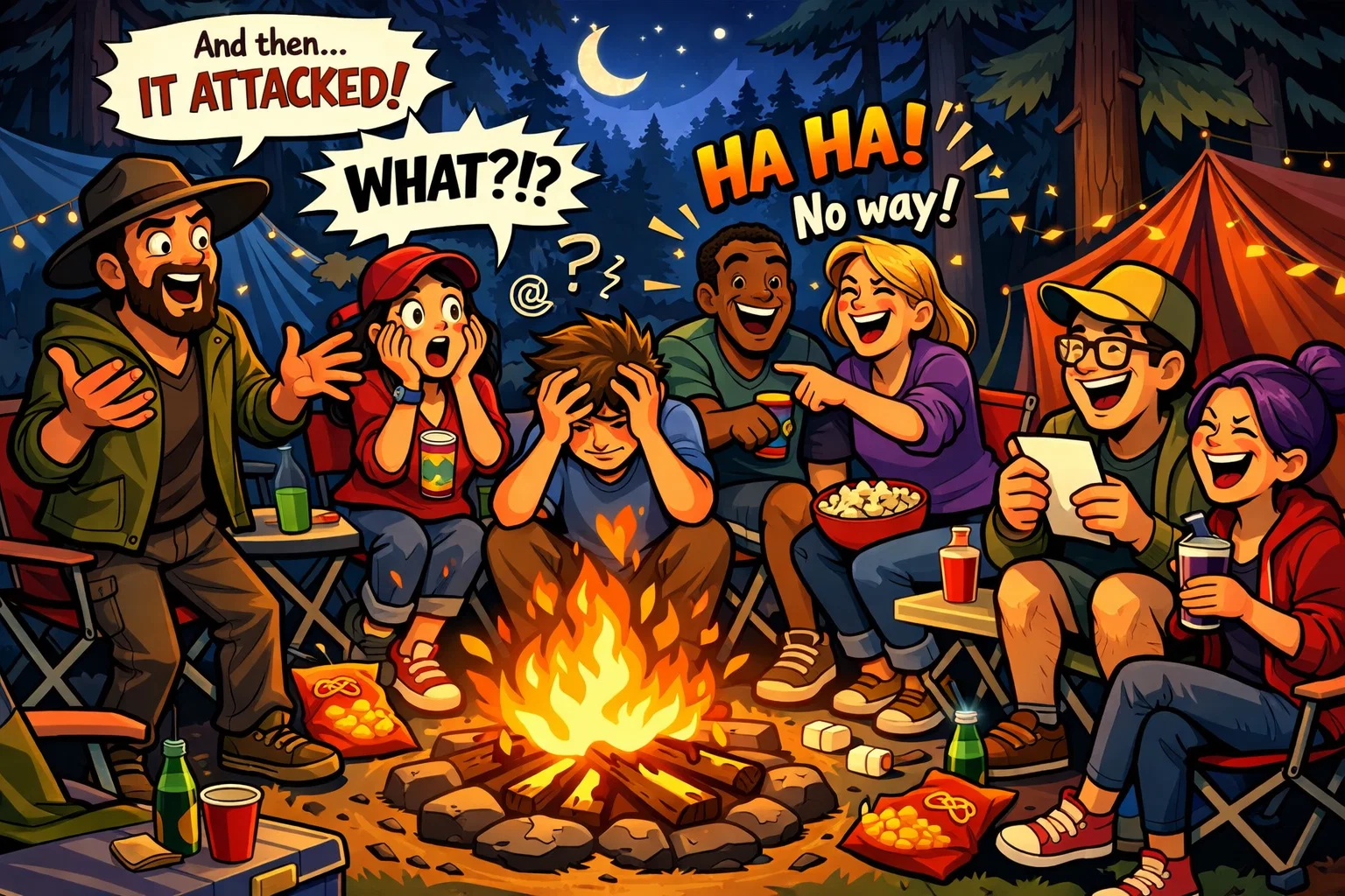 Campfire games teens adults night group laughing and playing by fire.
