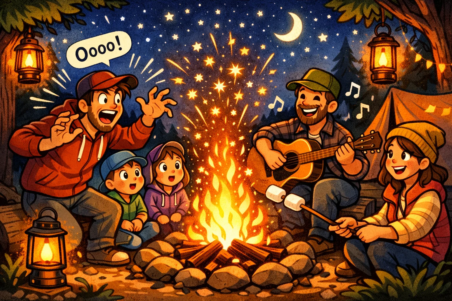 Campfire storytelling music activities group sharing stories and songs.
