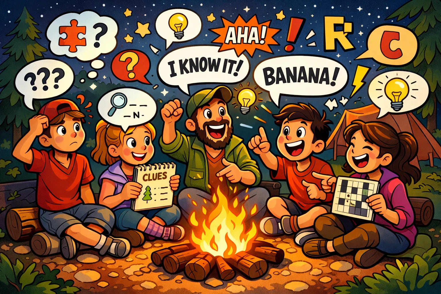 Campfire word puzzle guessing games group thinking and having fun.

