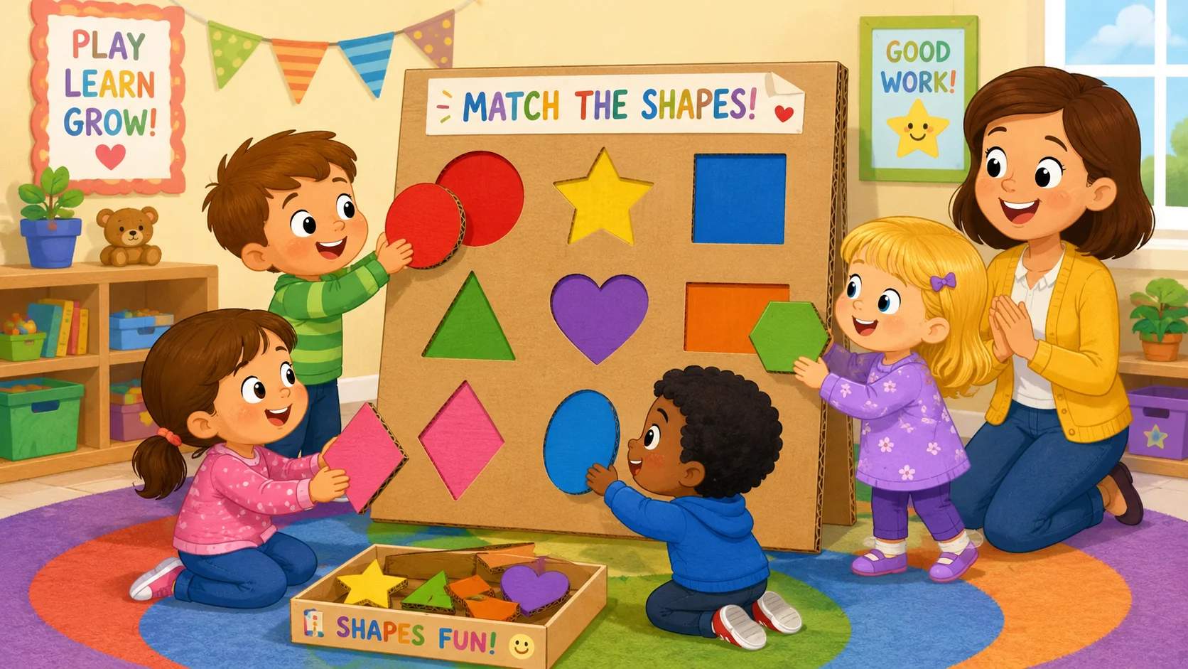 Preschool cardboard matching challenge with kids playing color game. 
