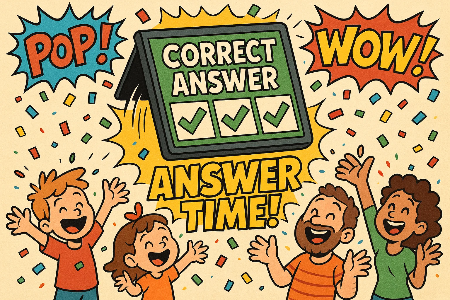 Cartoon trivia answers screen with characters celebrating correct answers. Cartoon trivia answers screen with characters celebrating correct answers.