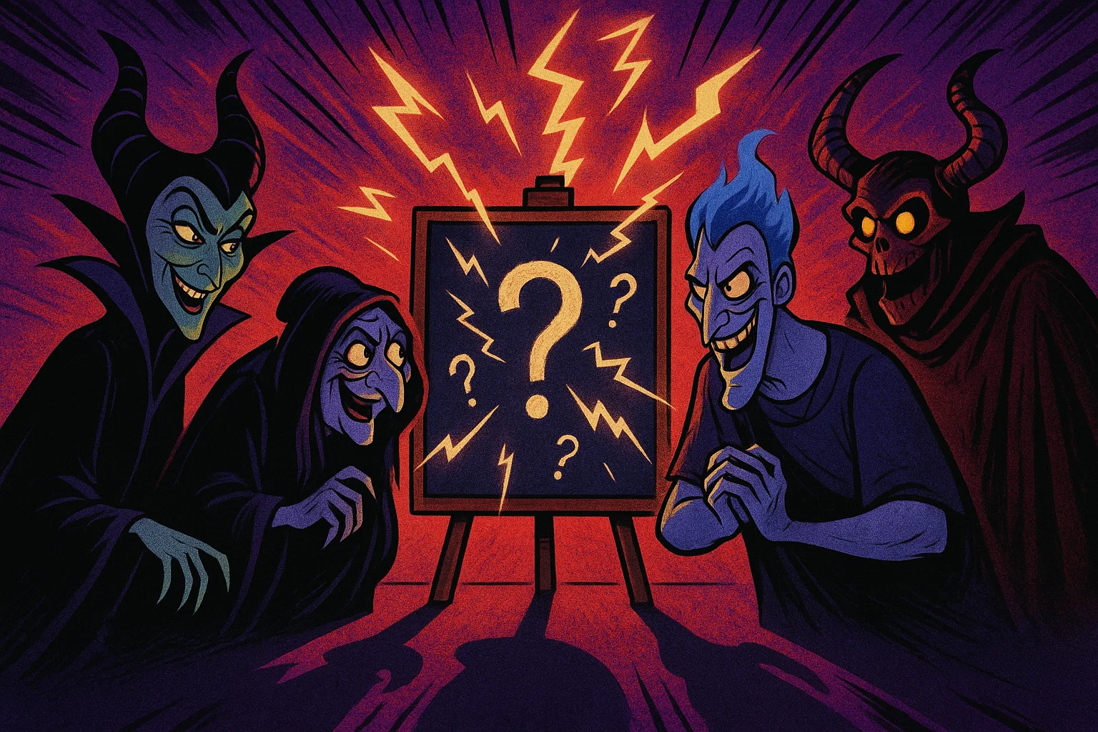 Cartoon villains in comic style with glowing trivia board and action lines. Cartoon villains in comic style with glowing trivia board and action lines.