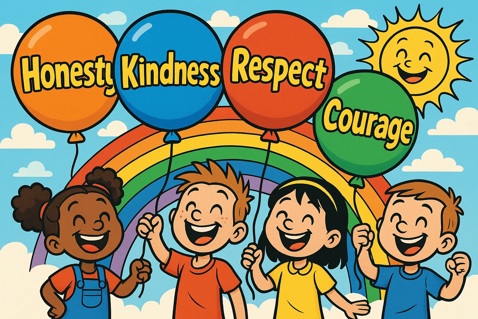 Cartoon kids holding balloons with honesty kindness respect and courage traits. Cartoon kids holding balloons with honesty kindness respect and courage traits.