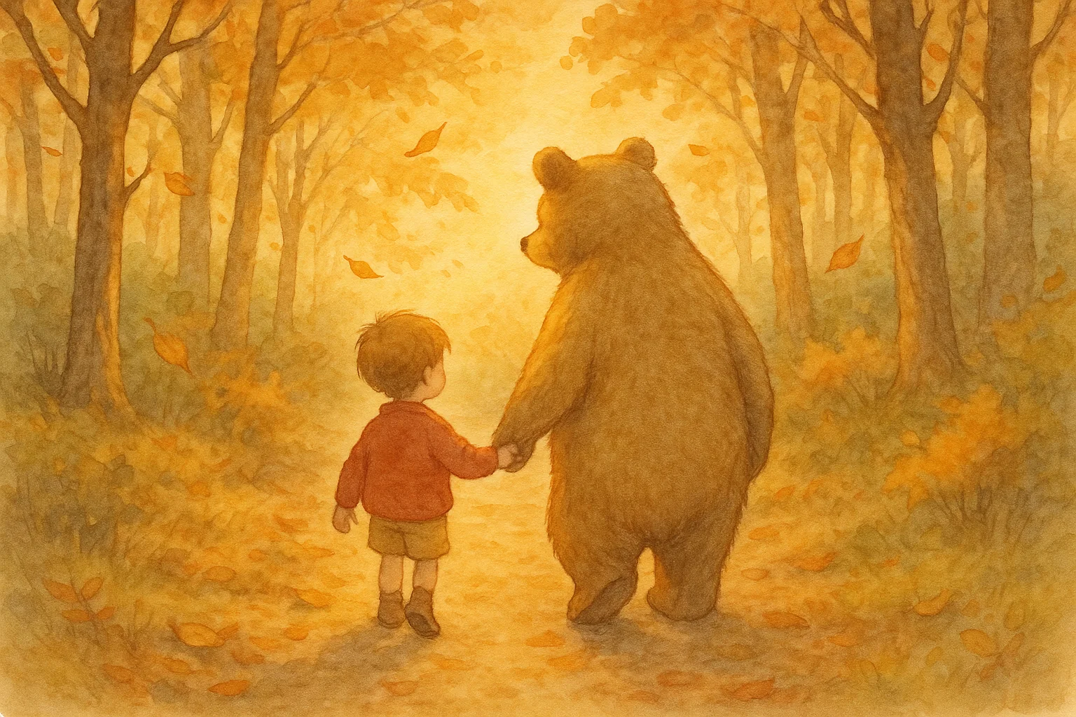 Child and bear walk together through a forest at sunset with warm golden light. Child and bear walk together through a forest at sunset with warm golden light.