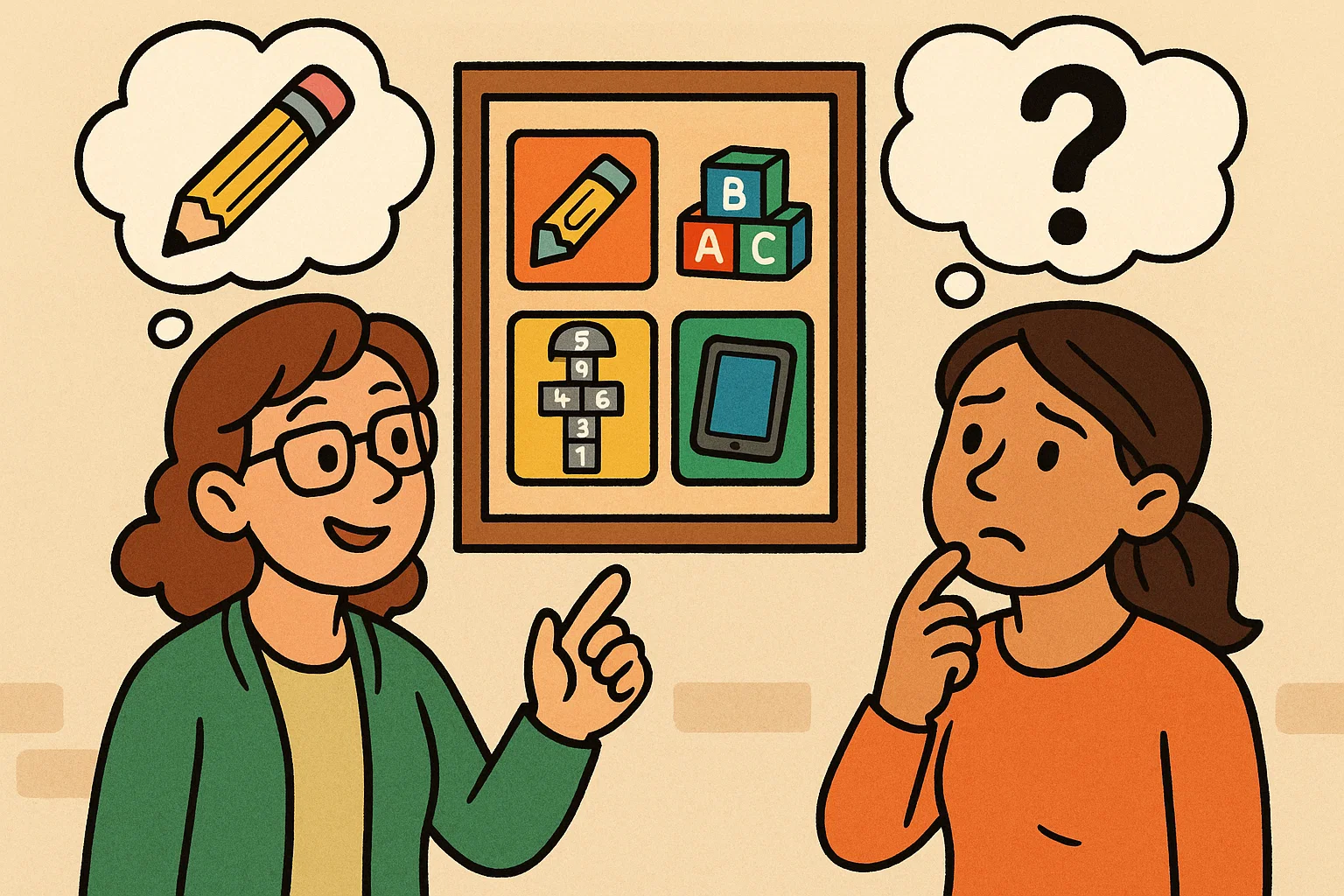 Cartoon parent and teacher choosing handwriting games for kids on colorful board. Cartoon parent and teacher choosing handwriting games for kids on colorful board.