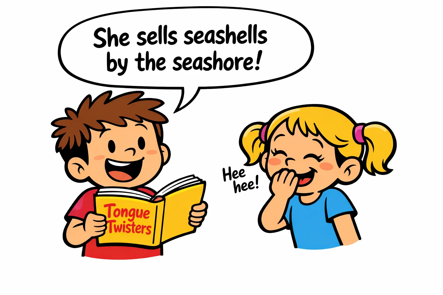 Classic and famous tongue twisters for kids read from a book in class.
