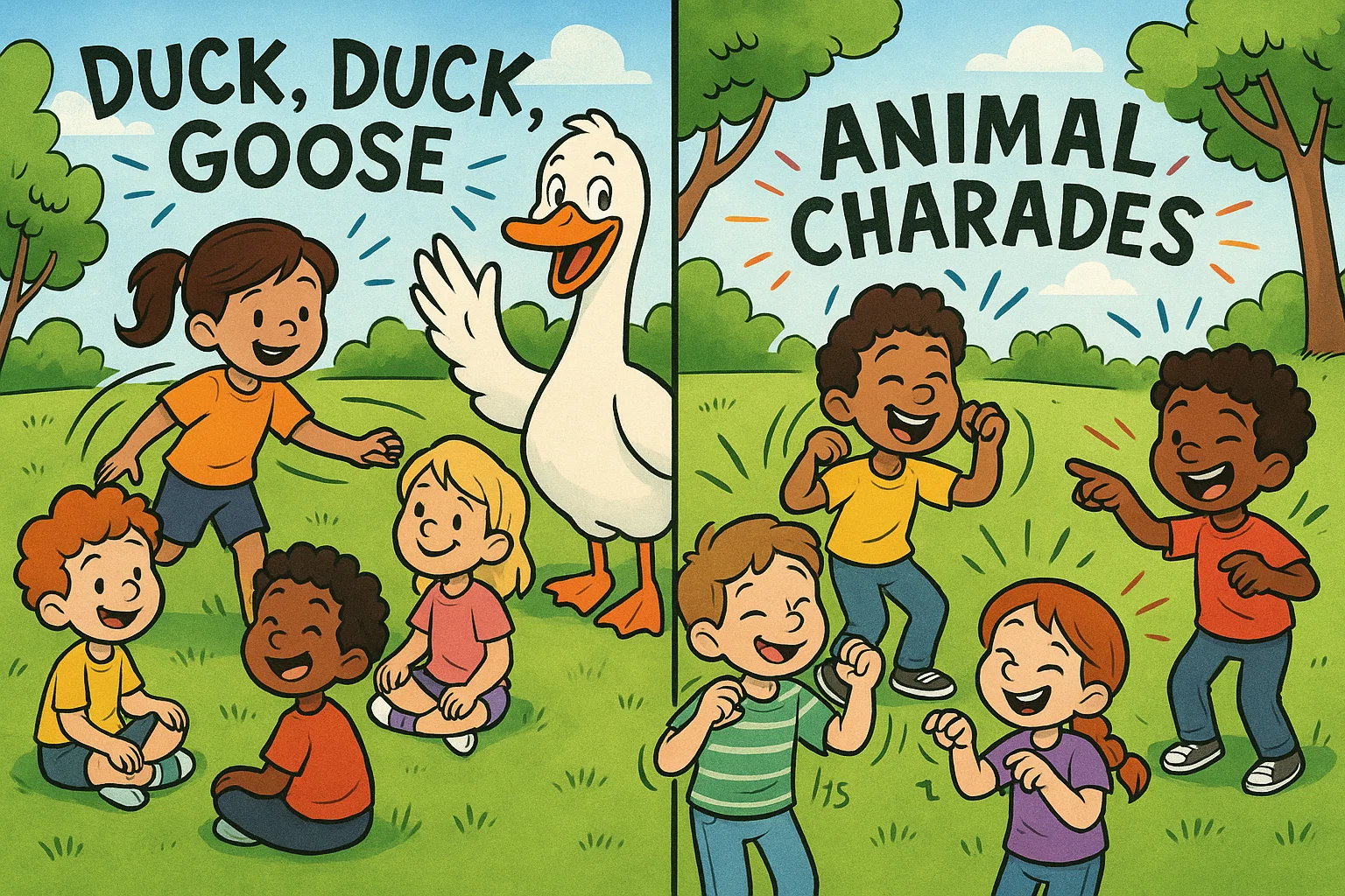 Kids playing classic animal games outdoors including charades and Duck Duck Goose.
