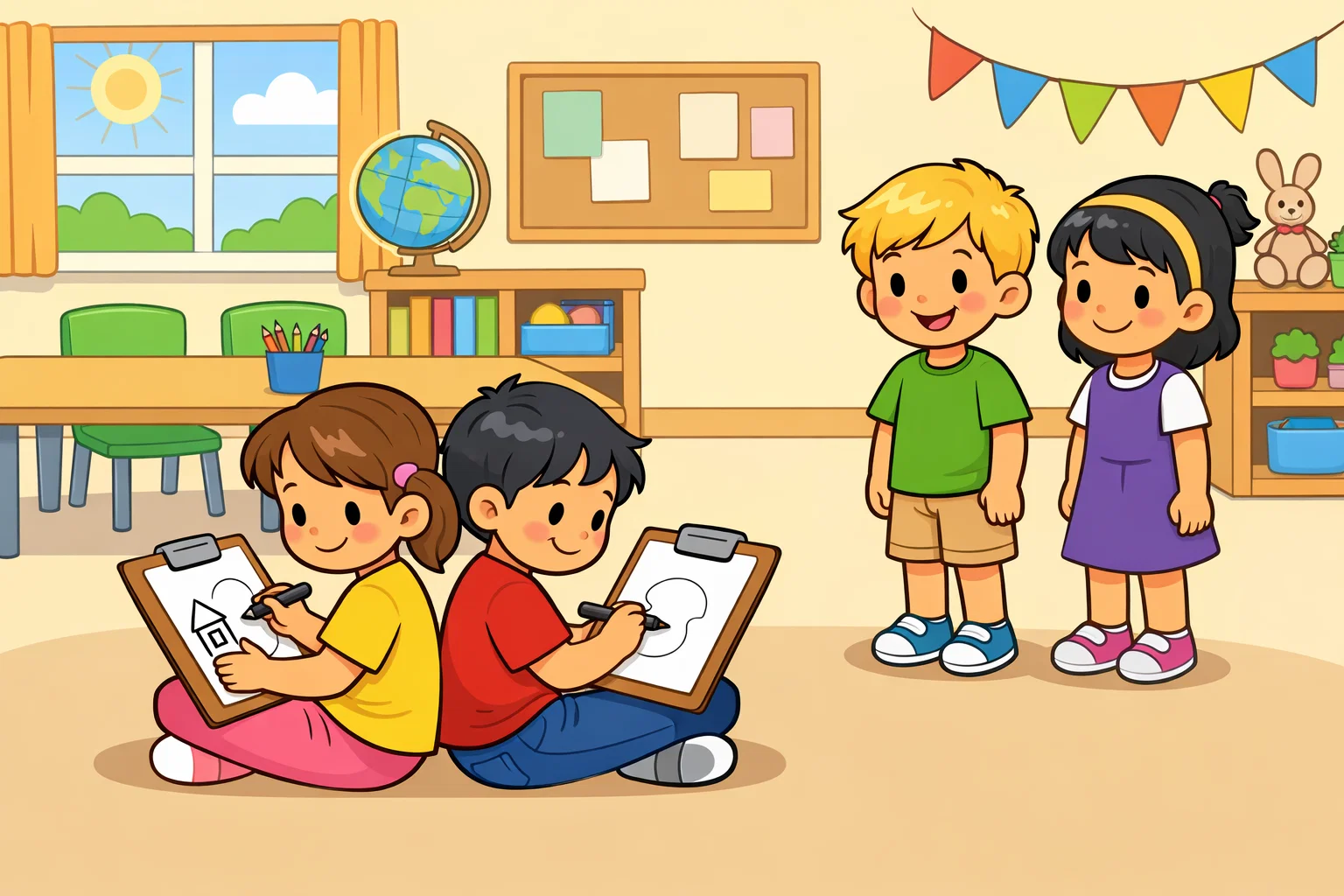 Classroom team building games for children with back to back drawing pairs.
