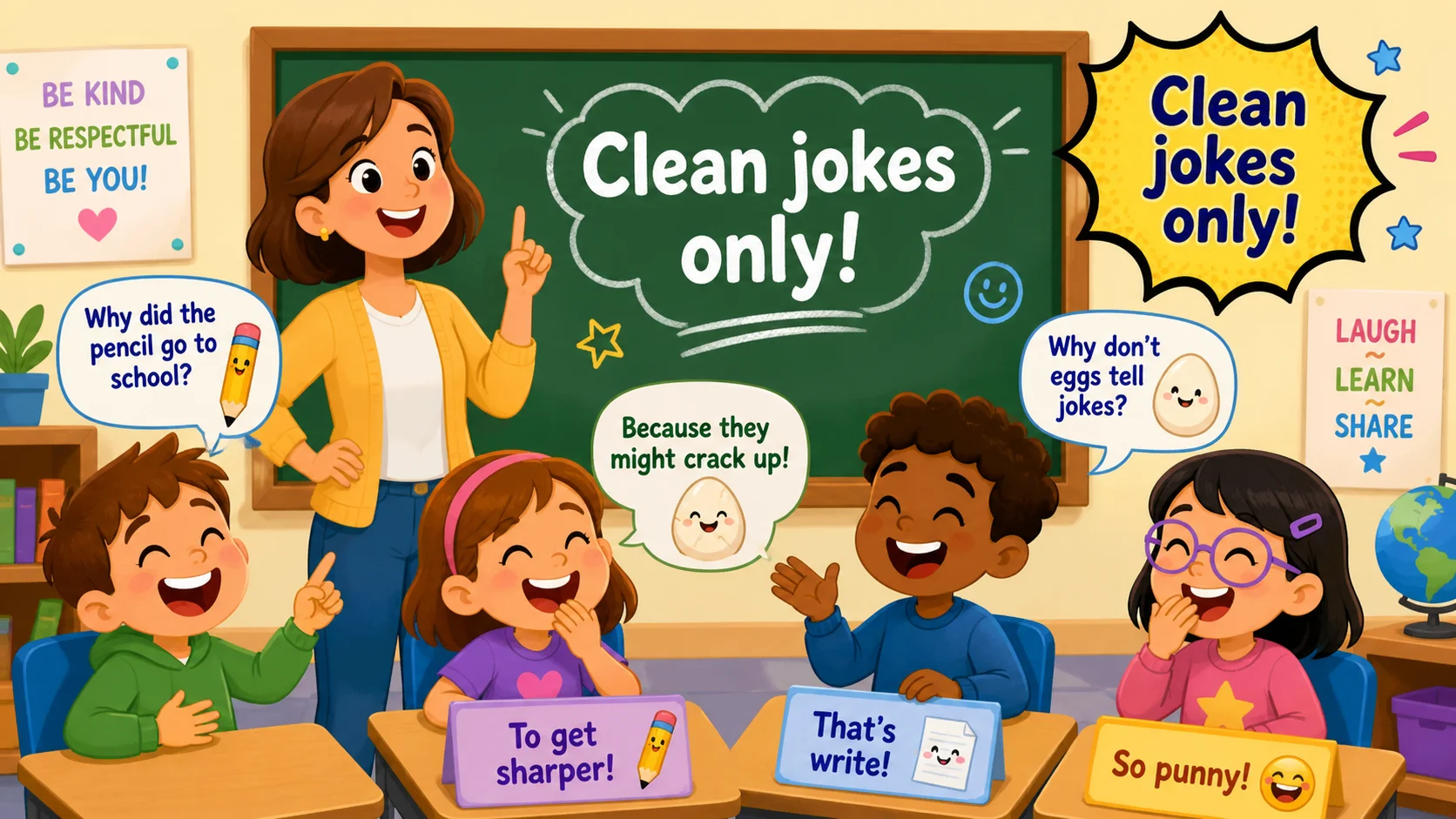 Clean dad jokes for kids in classroom with laughing students and teacher. 