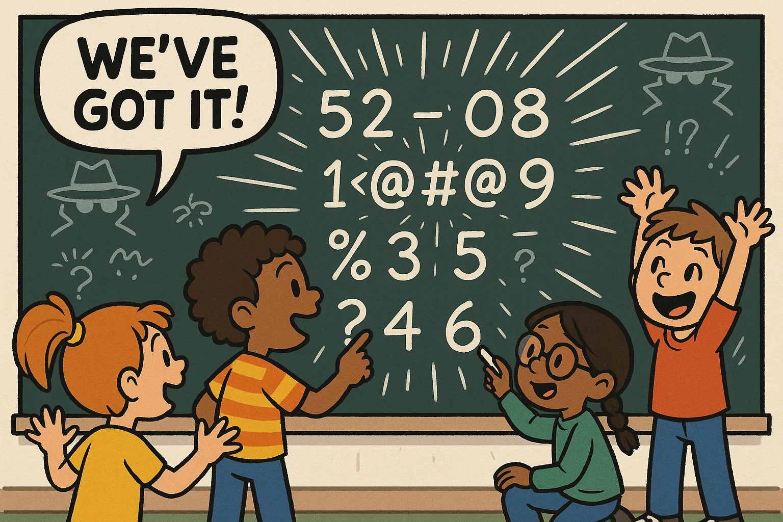 Cartoon kids cracking secret codes. Cartoon kids cracking secret codes.
