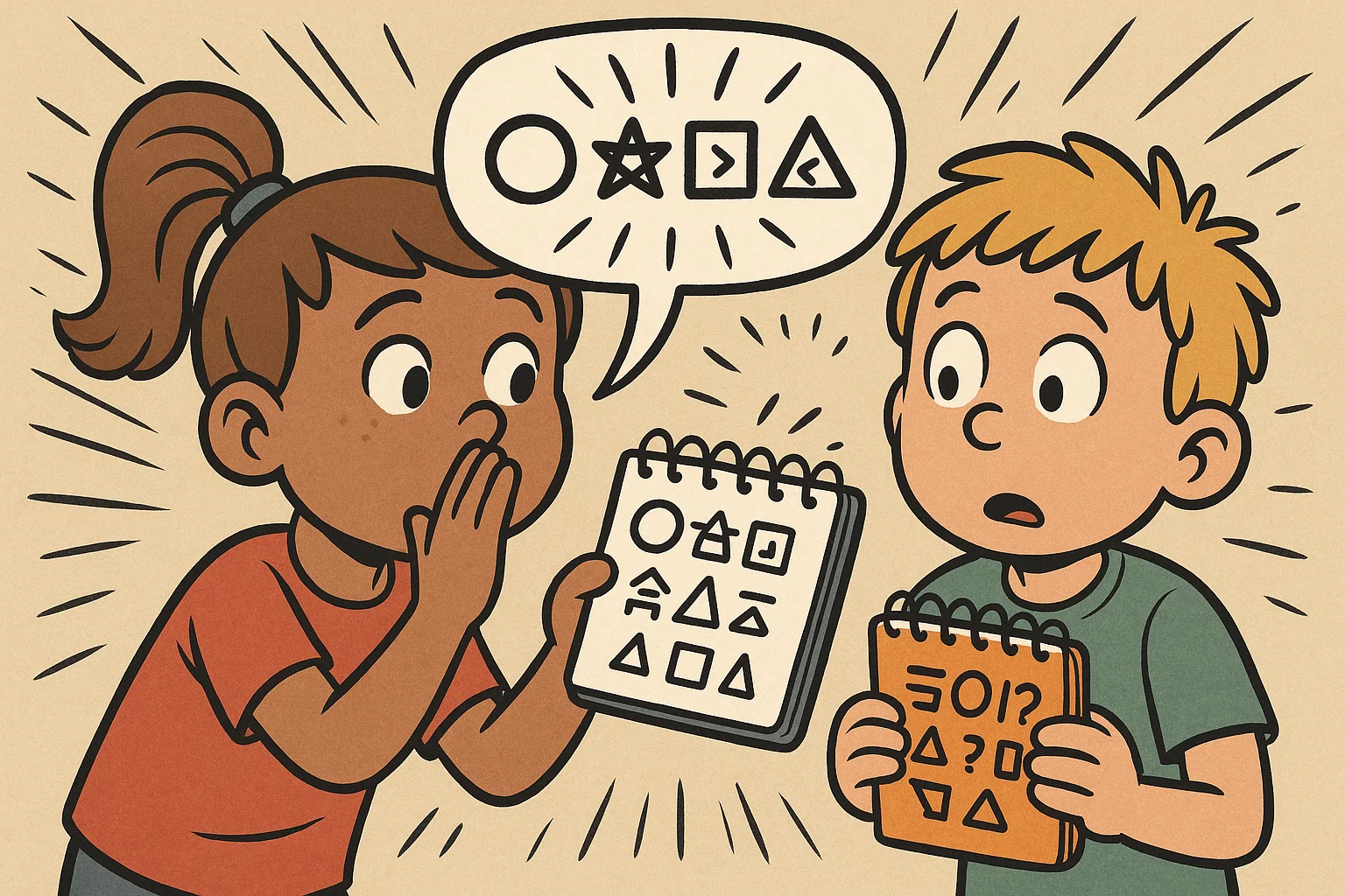 Cartoon kids using secret code words and symbol codes in play. Cartoon kids using secret code words and symbol codes in play.