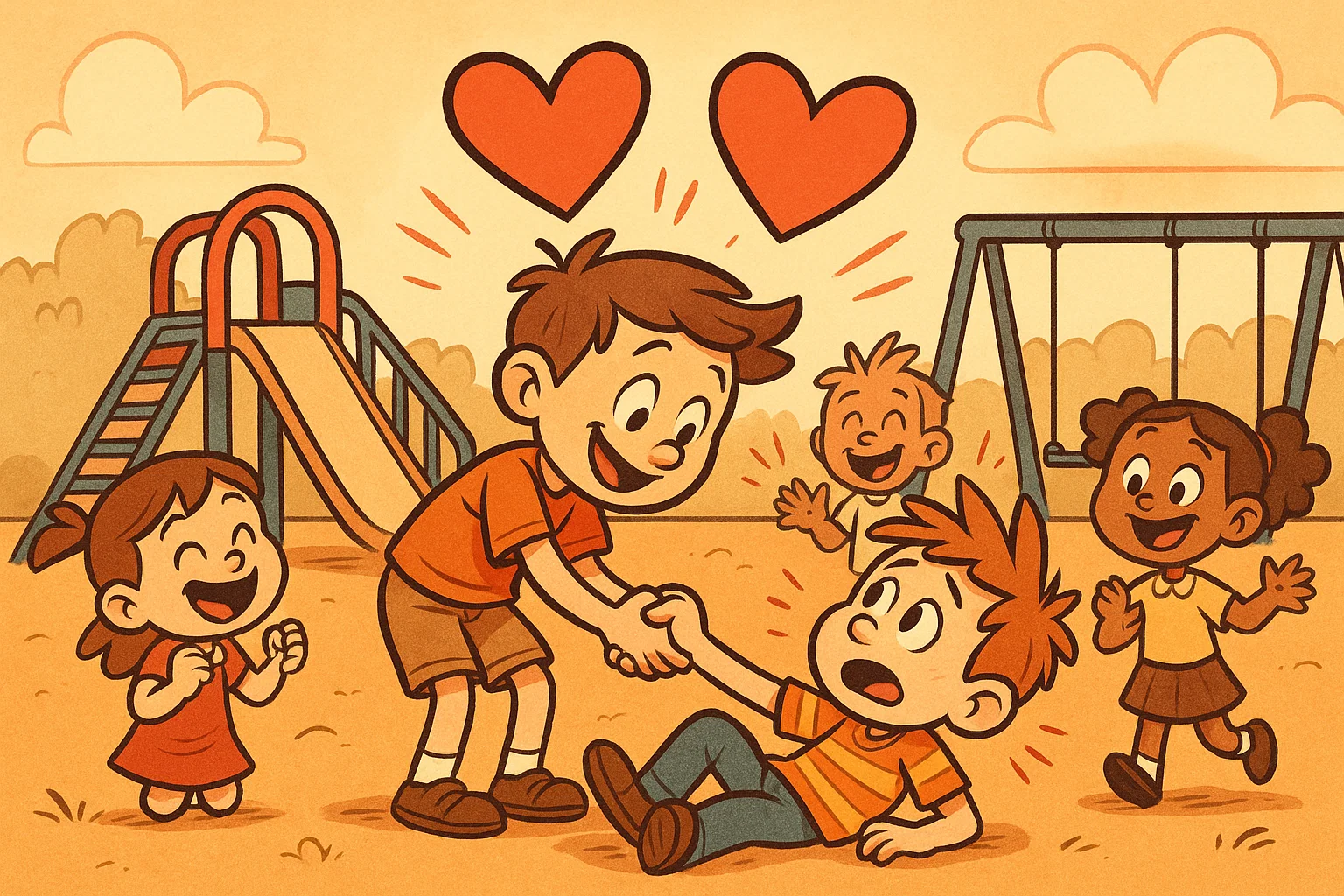 Cartoon kids showing compassion and helping each other on playground. Cartoon kids showing compassion and helping each other on playground.
