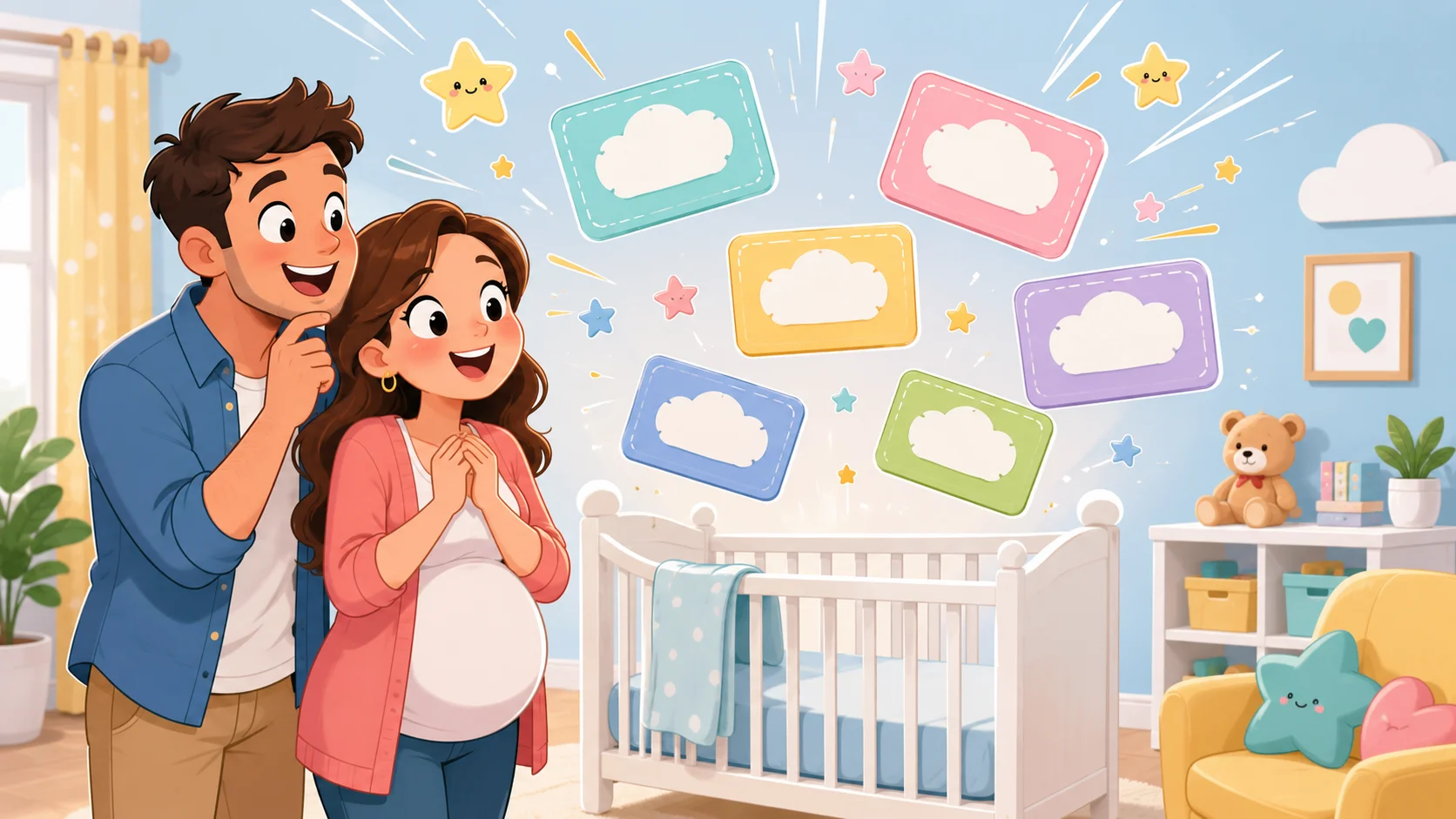 Cool unique baby girl names floating above a stylish nursery crib.