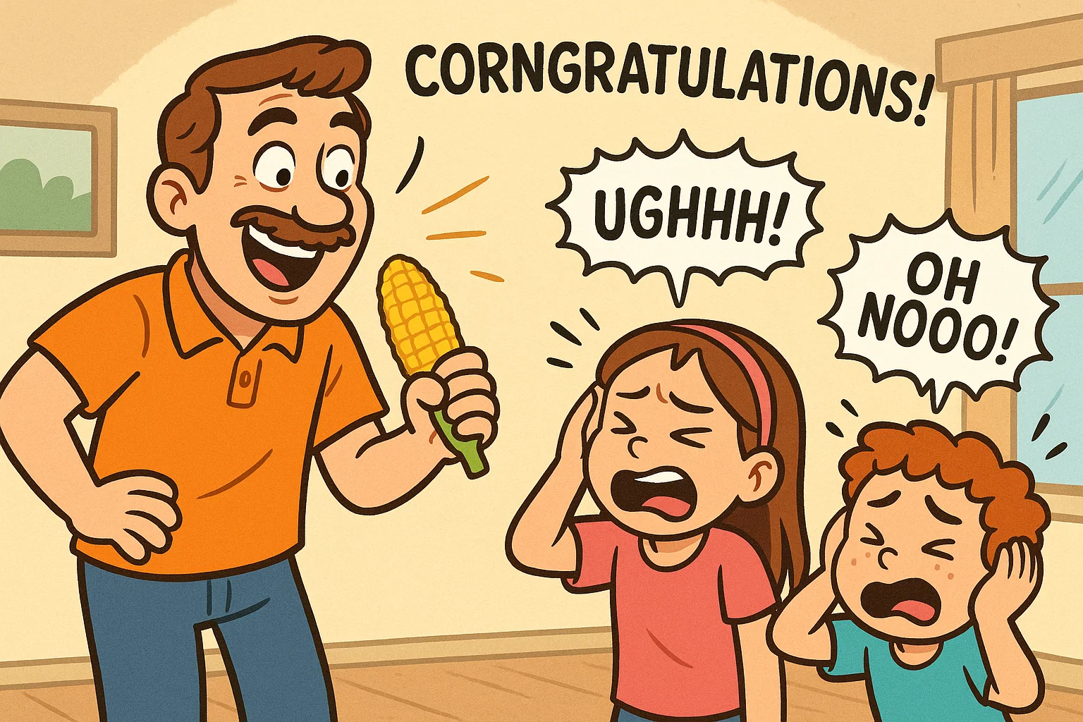 Cartoon kids reacting to corny dad jokes with groans and laughter. Cartoon kids reacting to corny dad jokes with groans and laughter.