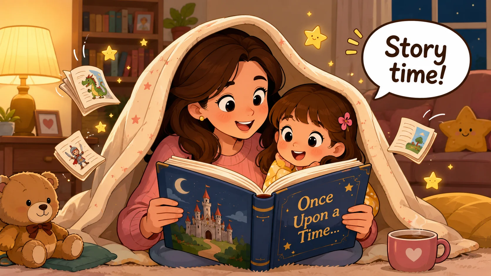 Cozy reading story time with mom at home under a blanket.