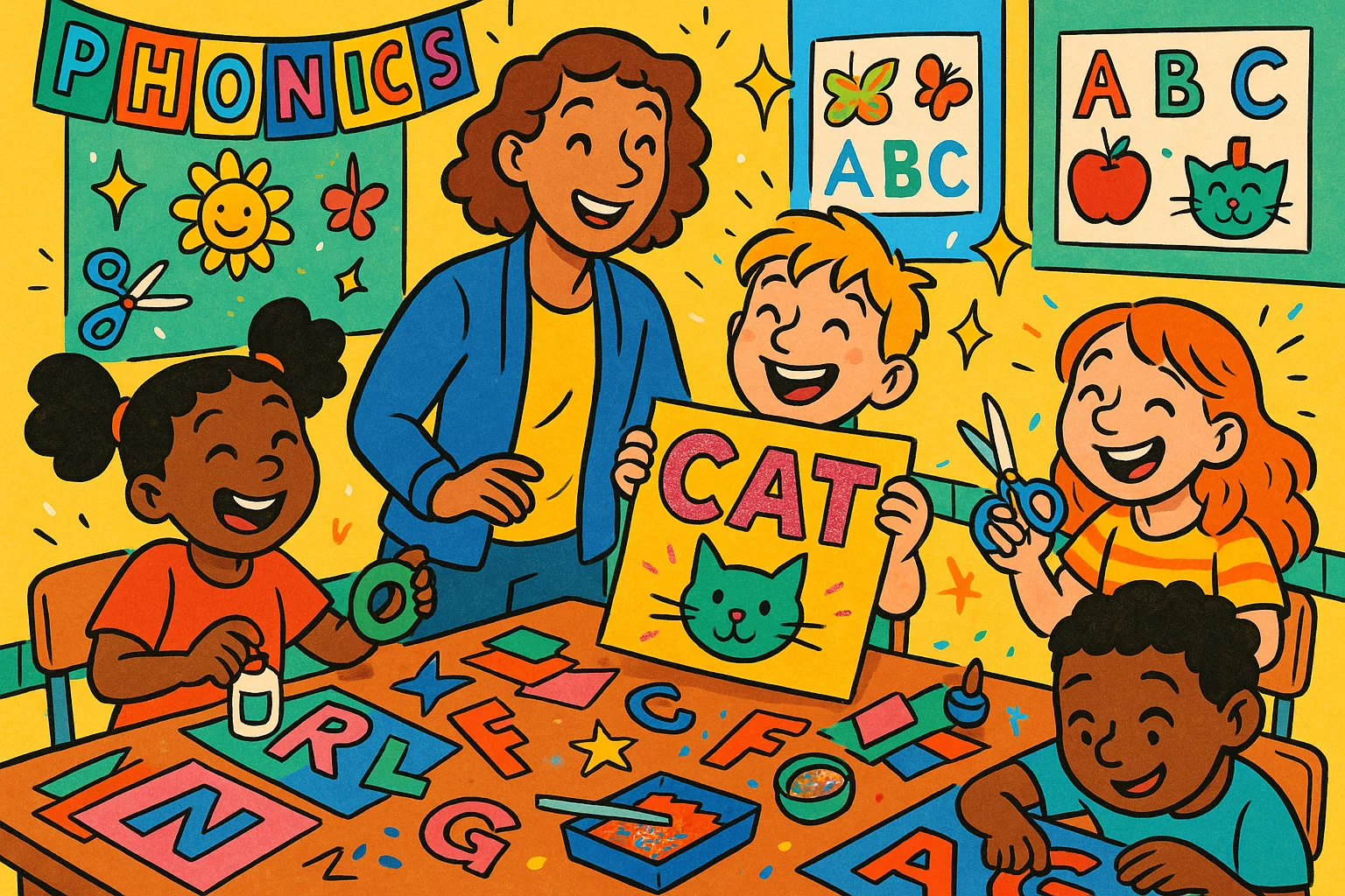 Children creating phonics crafts and colorful word wall decorations in classroom.