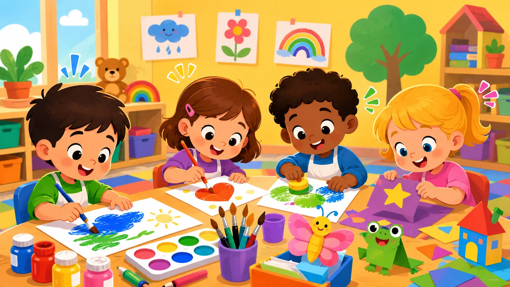Creative color activities for preschoolers with painting and paper crafts.
