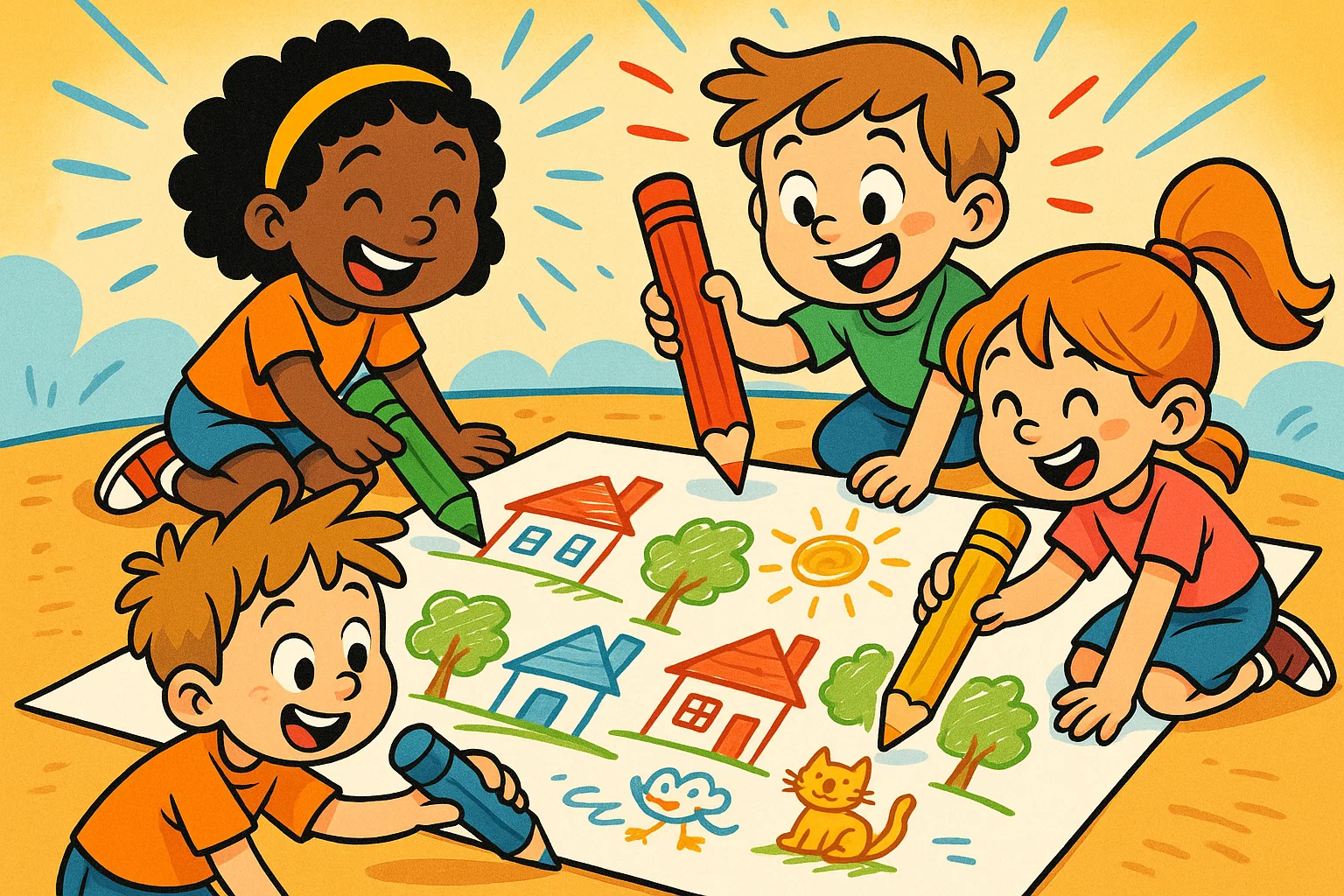 Cartoon kids happily drawing creative ideas like houses, trees, and animals. Cartoon kids happily drawing creative ideas like houses, trees, and animals.
