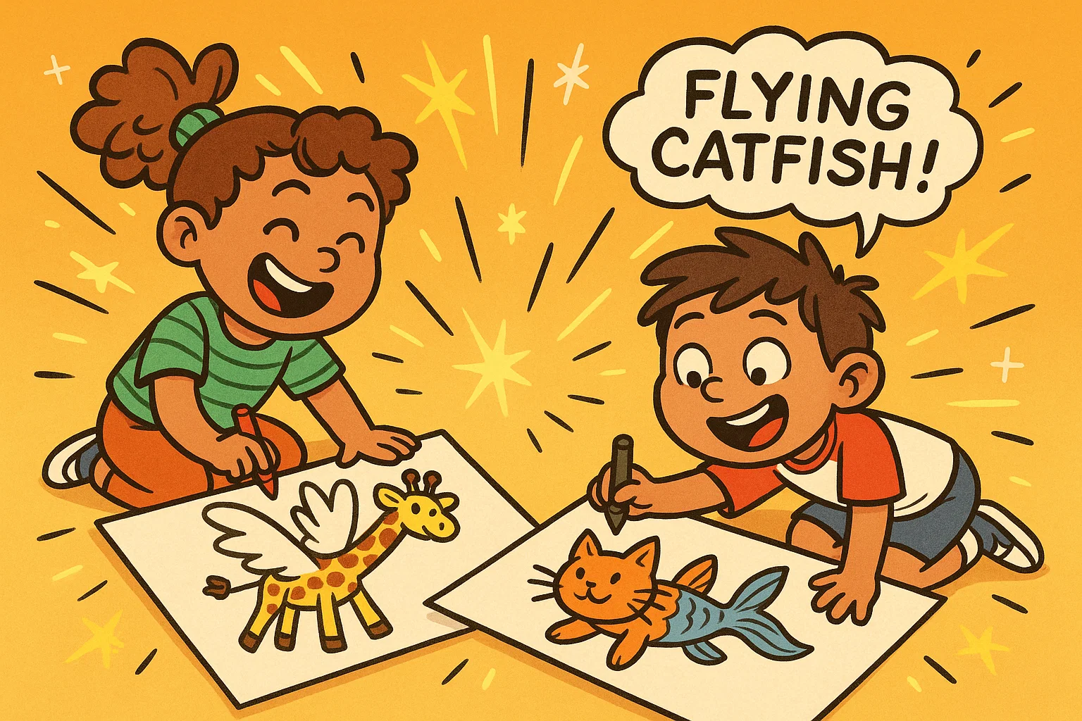 Children playing creative animal games by drawing hybrid animals and imagining new ones.