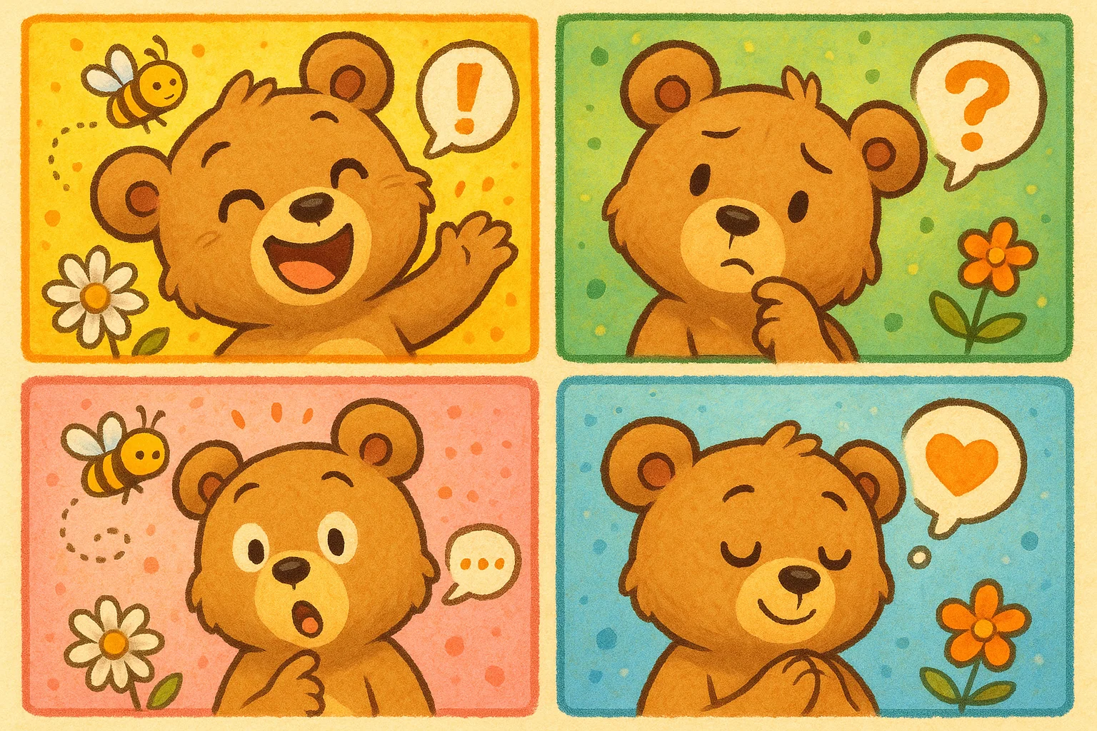 Cute bear showing different emotions in colorful comic-style panels. Cute bear showing different emotions in colorful comic-style panels.