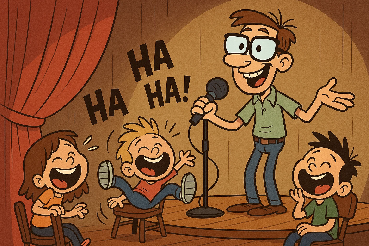 Cartoon dad telling jokes to kids with microphone and children laughing. Cartoon dad telling jokes to kids with microphone and children laughing.