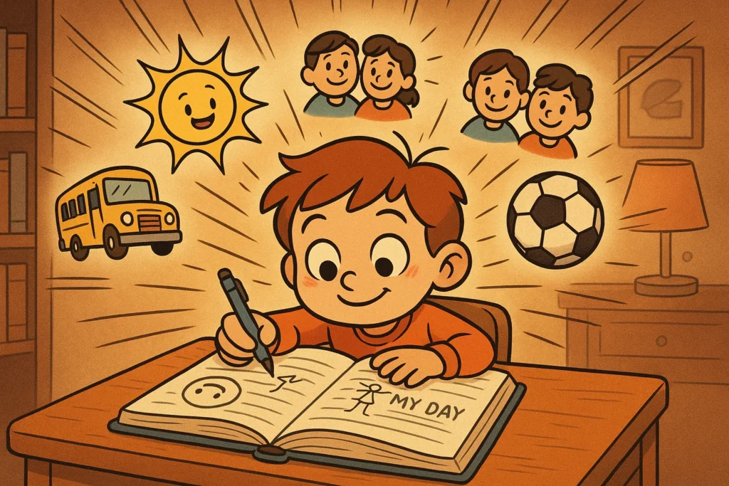 Cartoon of 2nd grade student writing daily journal prompts with creative doodles.