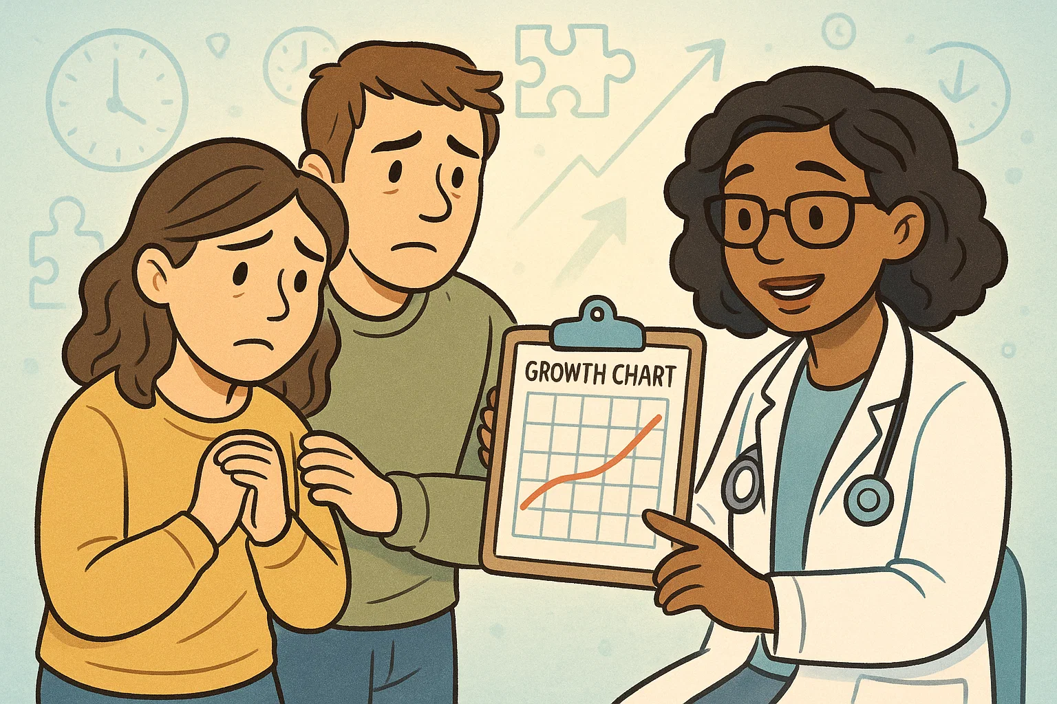 Delayed development milestones support shown with doctor helping concerned parents. Delayed development milestones support shown with doctor helping concerned parents.