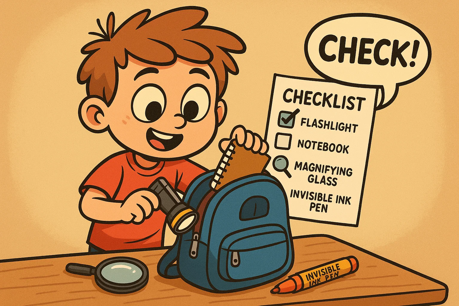 Cartoon child putting together a detective kit. Cartoon child putting together a detective kit.