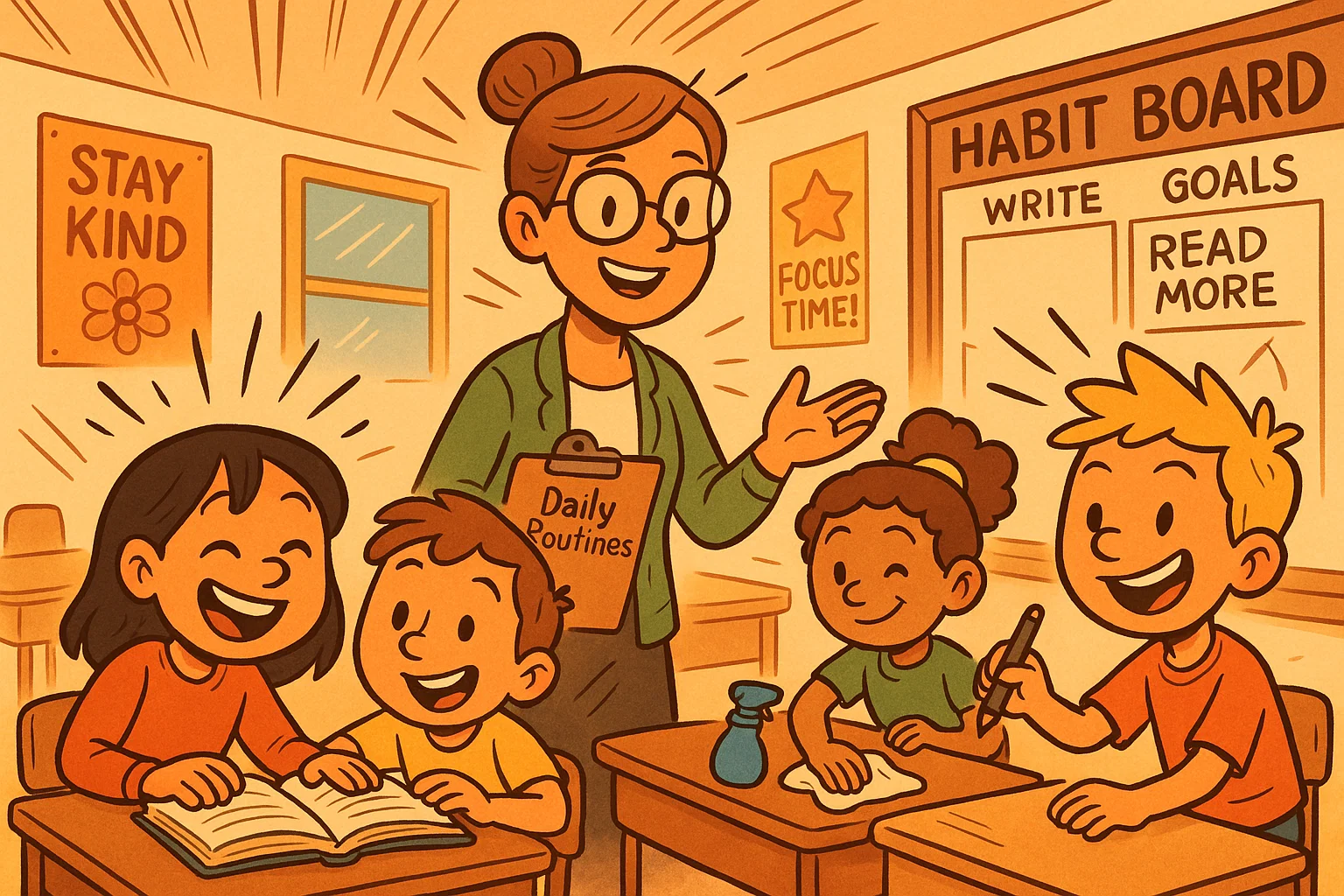 Students developing good habits through classroom activities with teacher supervision. Students developing good habits through classroom activities with teacher supervision.