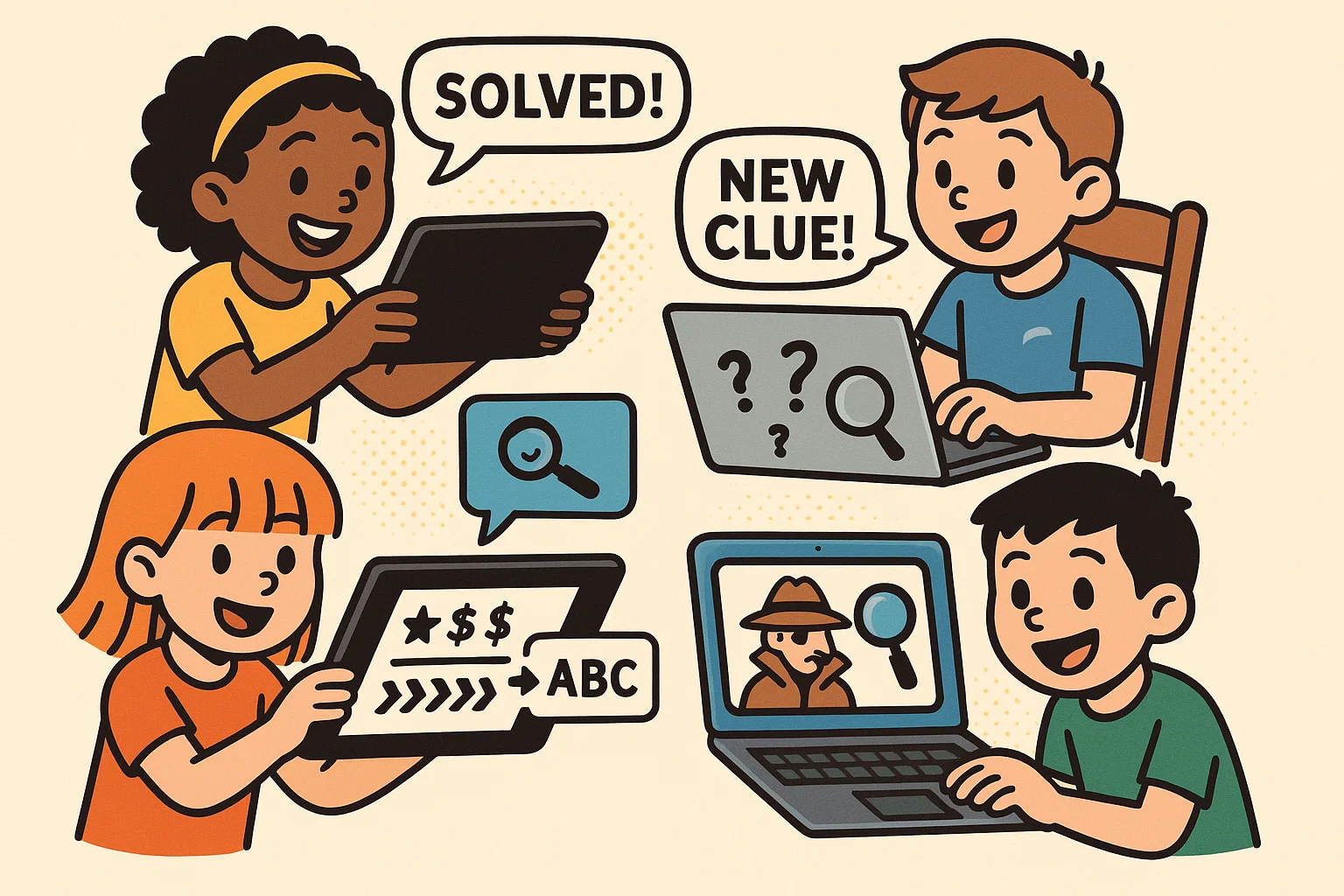 Digital mystery games and apps for kids solving puzzles on devices. Digital mystery games and apps for kids solving puzzles on devices.
