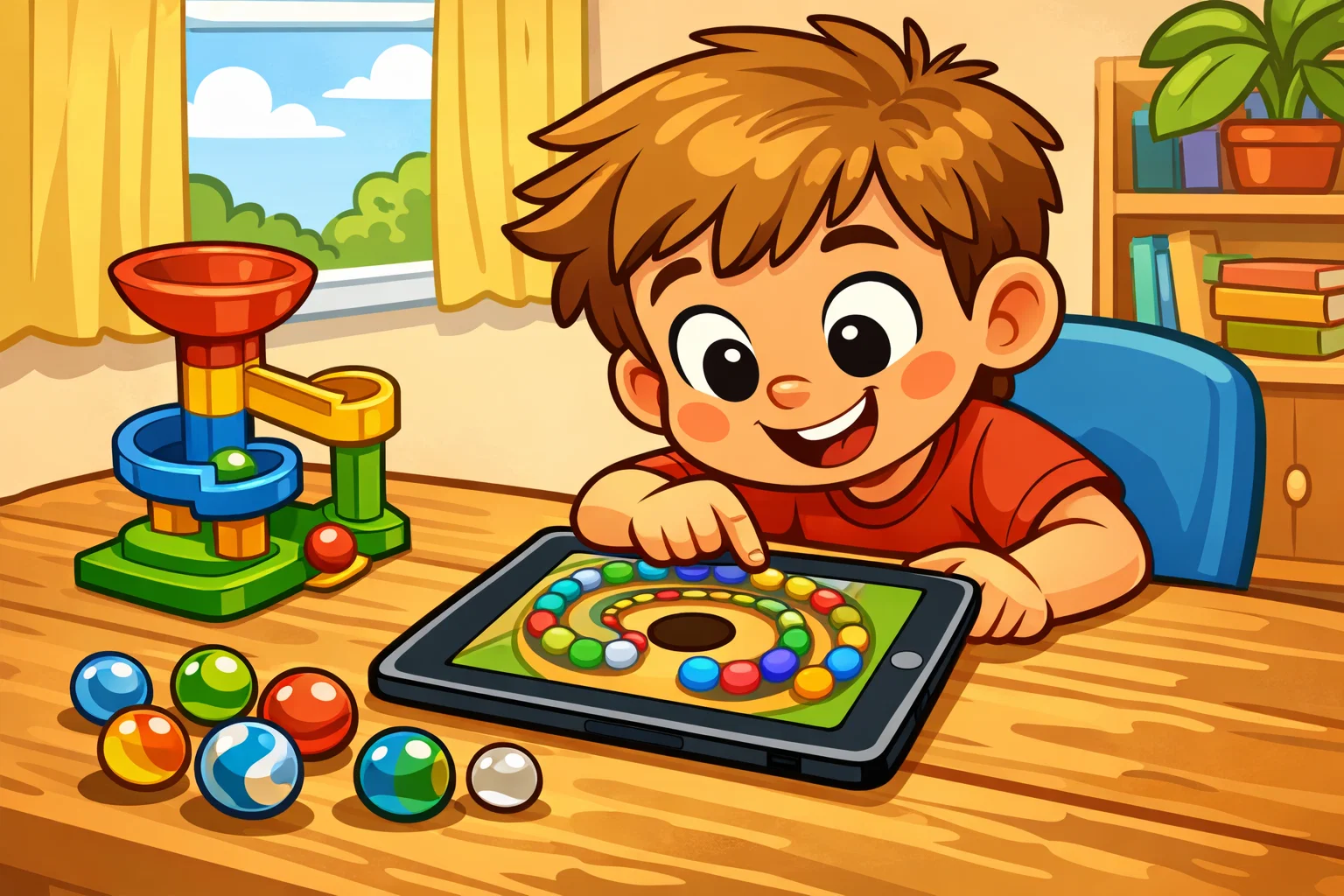 Digital online marble games for kids with tablet play and real marbles nearby.
