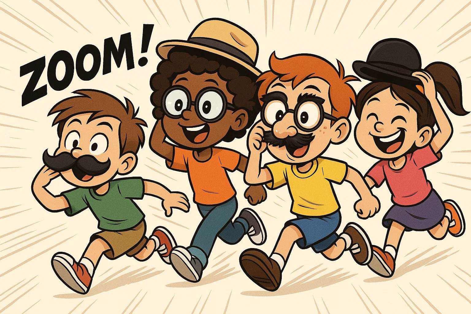 Cartoon kids in disguises playing a relay race game. Cartoon kids in disguises playing a relay race game.