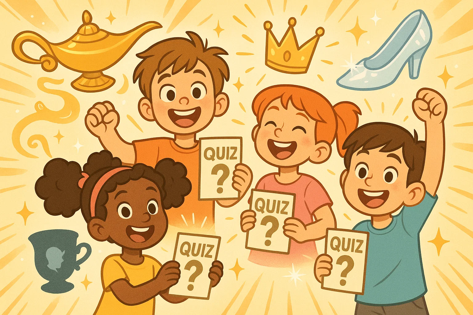 Kids playing Disney movie trivia for kids surrounded by film-themed icons. Kids playing Disney movie trivia for kids surrounded by film-themed icons.