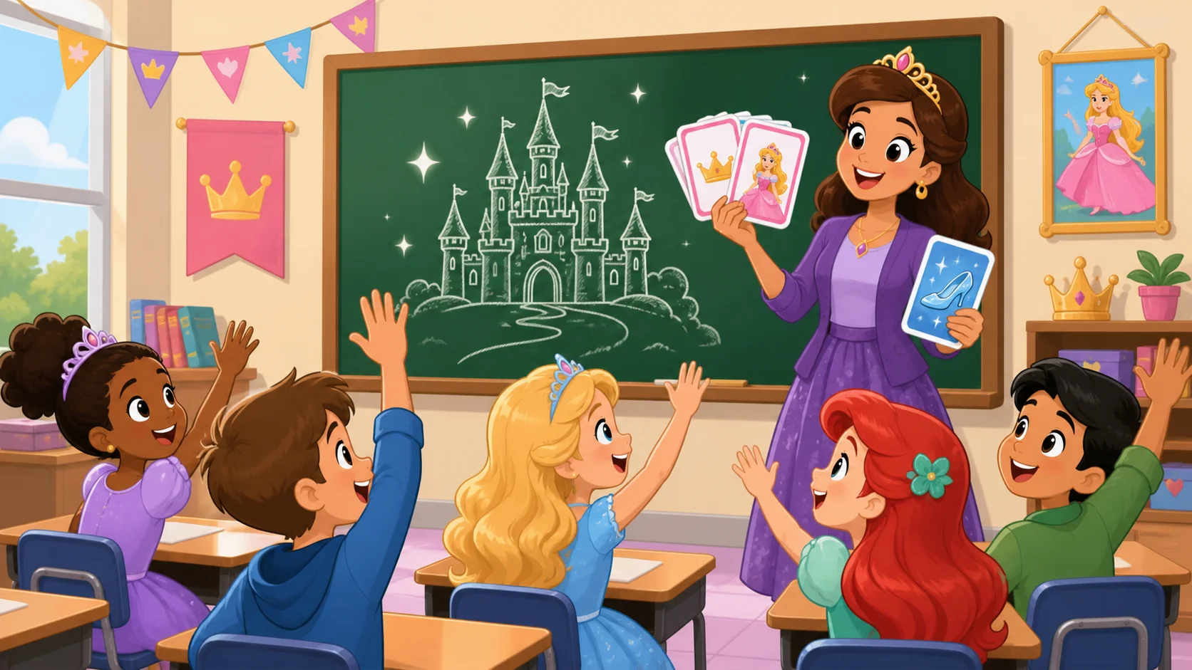 Disney princess trivia questions in a playful classroom quiz. 