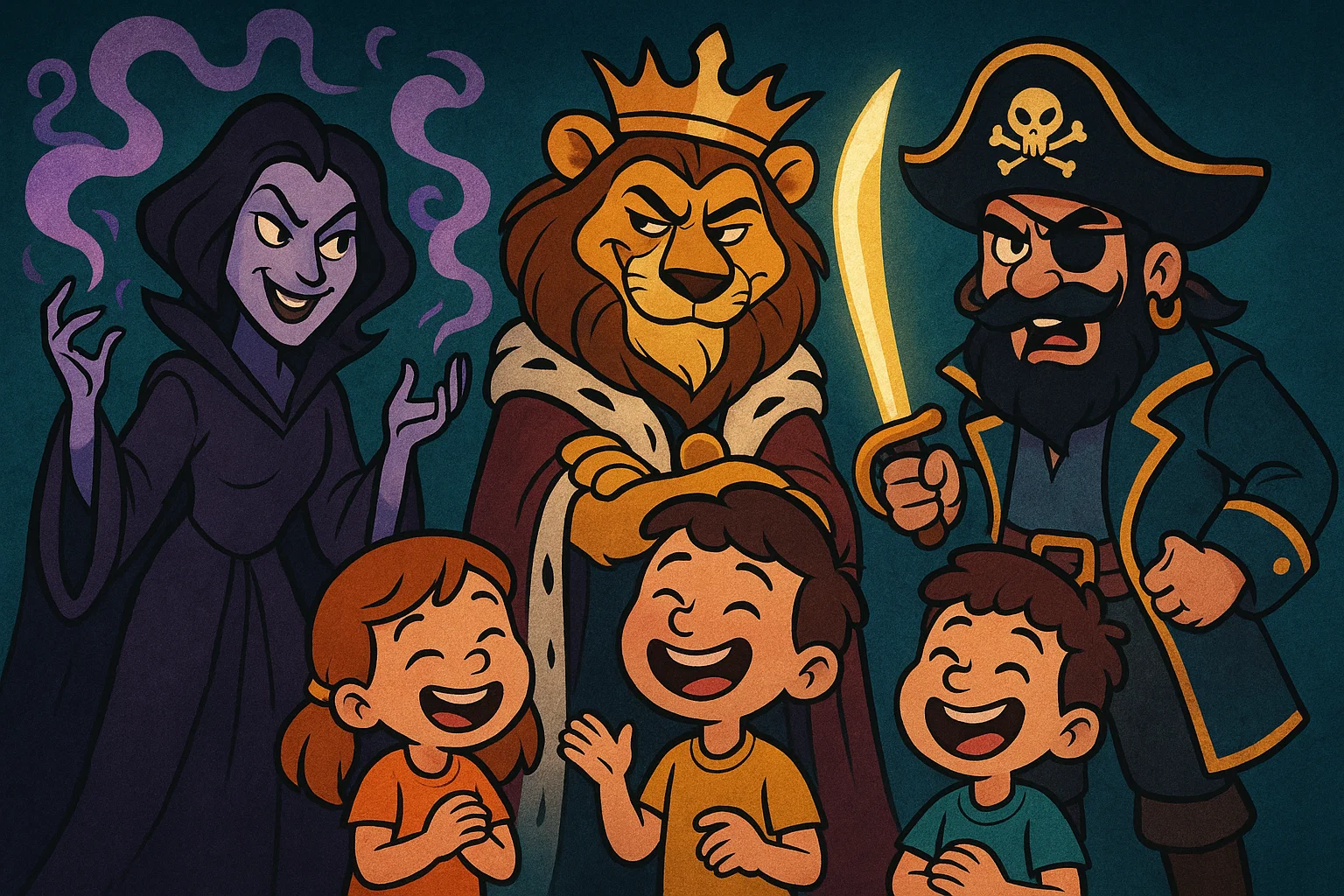 Kids laughing while solving Disney villain trivia cartoon in bright fantasy style. Kids laughing while solving Disney villain trivia cartoon in bright fantasy style.