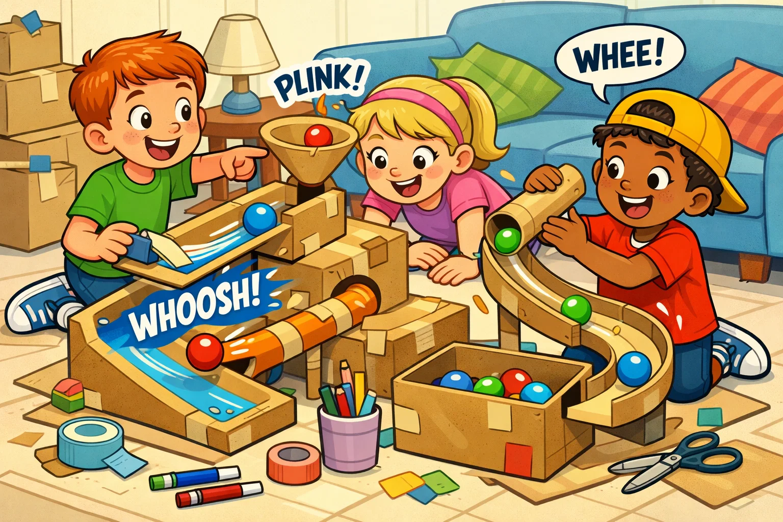 DIY marble run projects for kids with cardboard tracks and rolling marbles.
