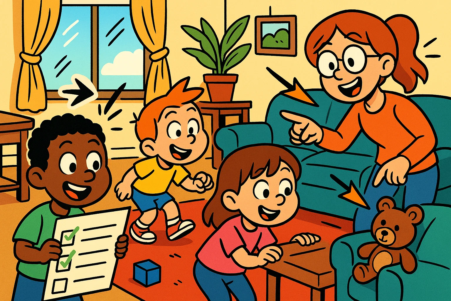 DIY scavenger hunt babysitting game with children finding toys around the room.