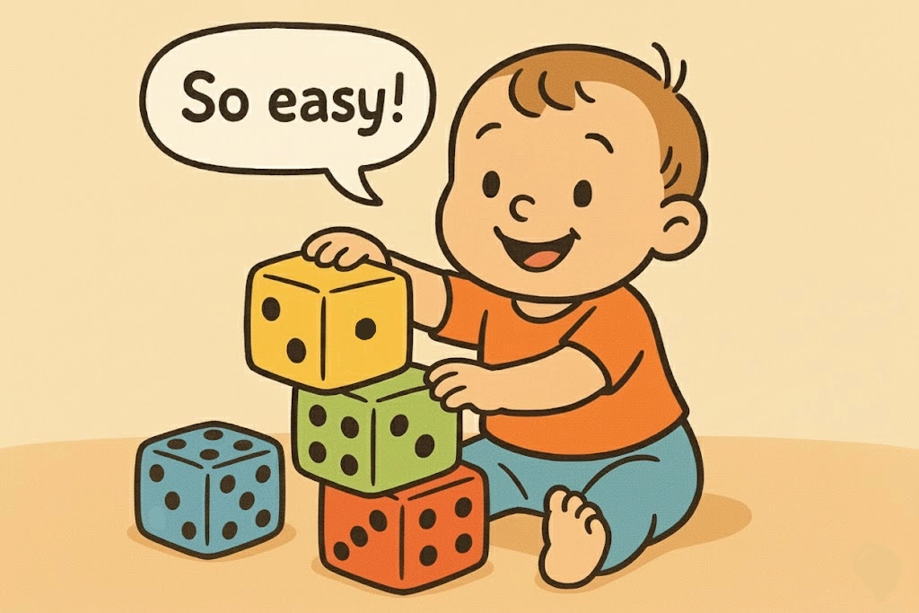 Simple cartoon of a happy toddler playing with large, easy-to-handle dice on the floor.
