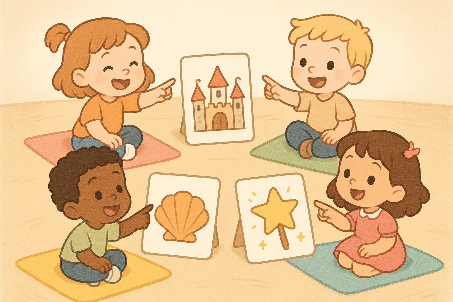 Preschool kids playing easy Disney quiz for young kids with bright cartoon flashcards. Preschool kids playing easy Disney quiz for young kids with bright cartoon flashcards.