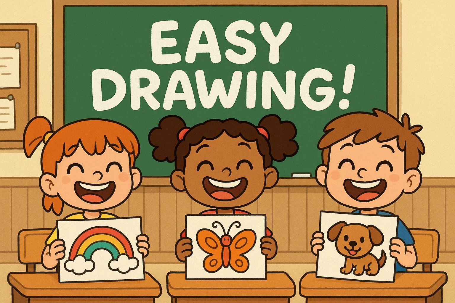Cartoon classroom with kids showing easy school drawing ideas like rainbow and butterfly Cartoon classroom with kids showing easy school drawing ideas like rainbow and butterfly