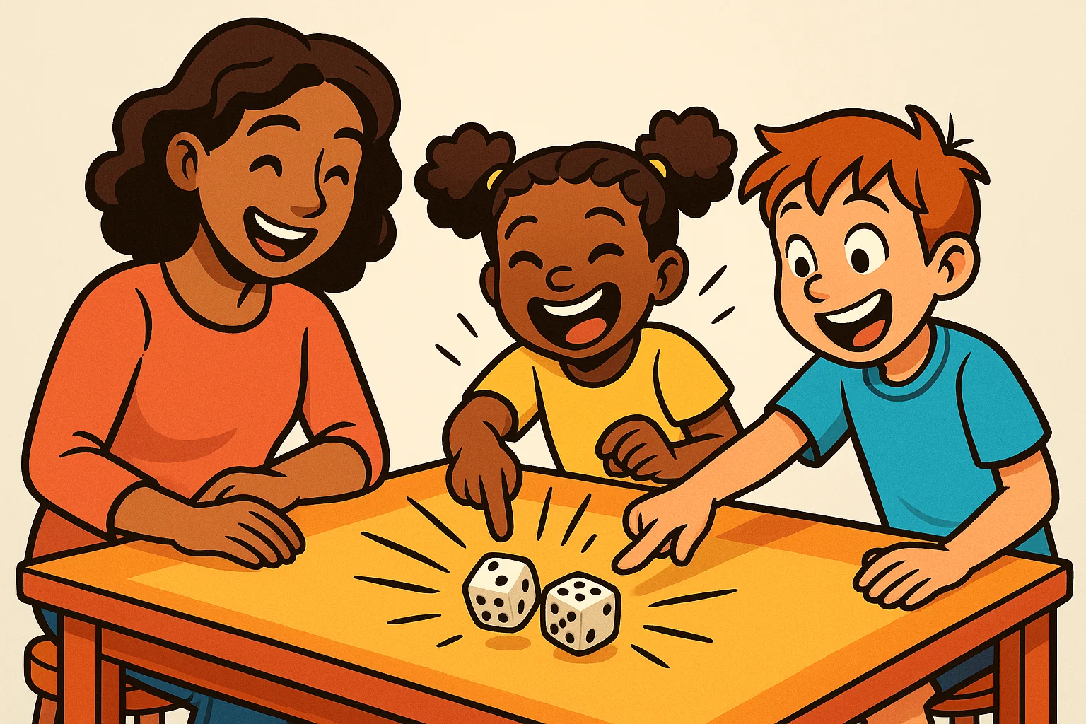 A playful cartoon illustration of a mother and two happy children enthusiastically playing a colorful dice game at a wooden table. A playful cartoon illustration of a mother and two happy children enthusiastically playing a colorful dice game at a wooden table.