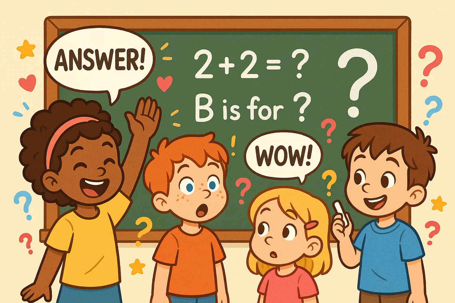 Kids answering easy tricky questions with smiles and laughter.