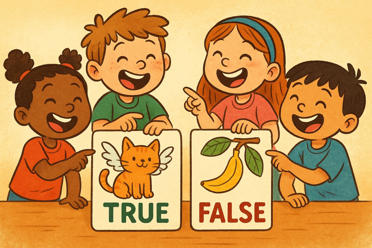 Young kids answering easy true or false questions with picture flashcards. Young kids answering easy true or false questions with picture flashcards.
