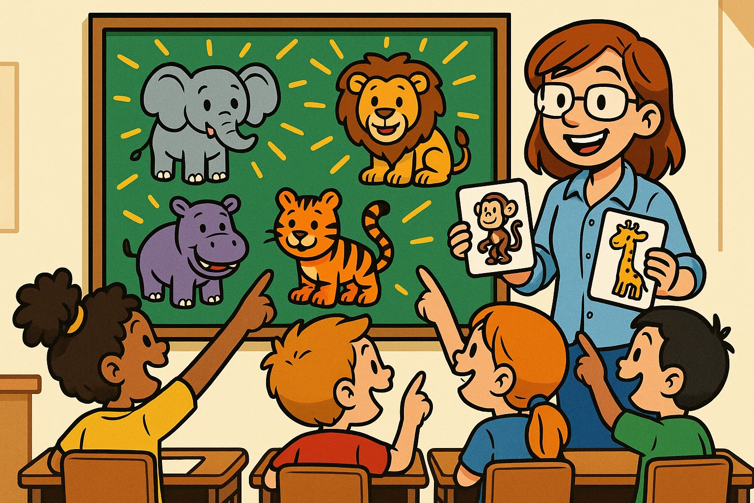 Children learning animals in classroom with teacher using flashcards and games.