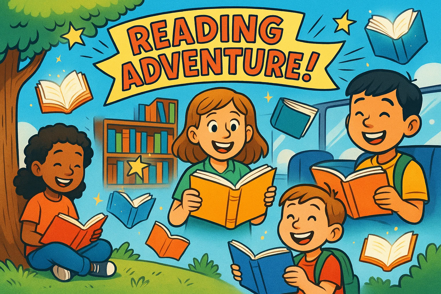 Cartoon students reading books showing encouraging lifelong reading habits. Cartoon students reading books showing encouraging lifelong reading habits.