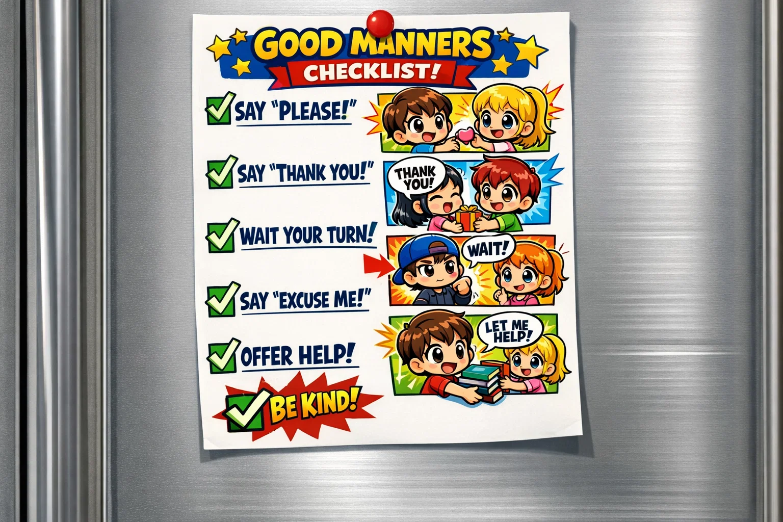  Cartoon checklist of five essential manners pinned to family fridge.
