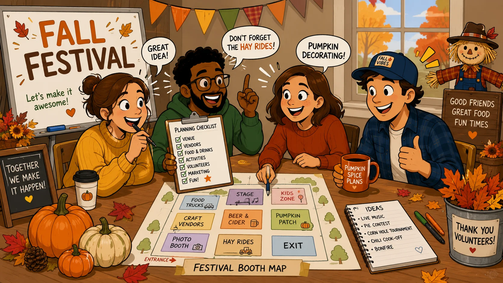Fall festival planning tips with organizers, booth map, checklist, and pumpkins. 